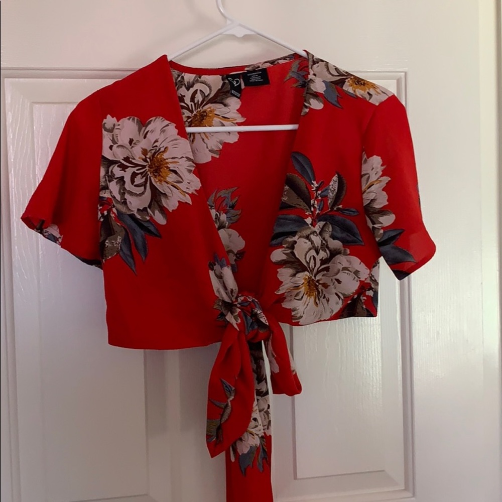 Windsor red floral wrap crop top
